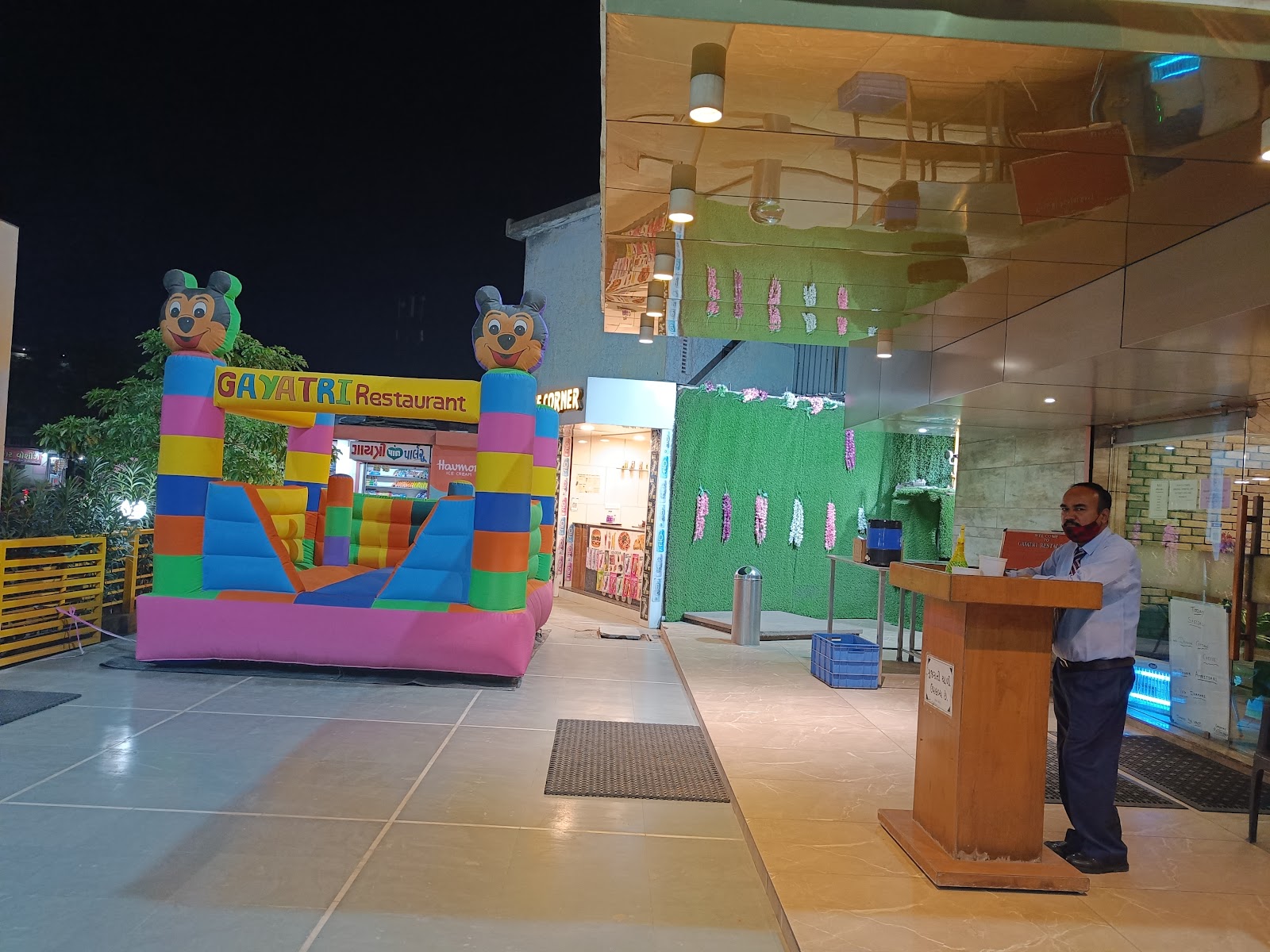 Outdoor seating area beside the restaurant